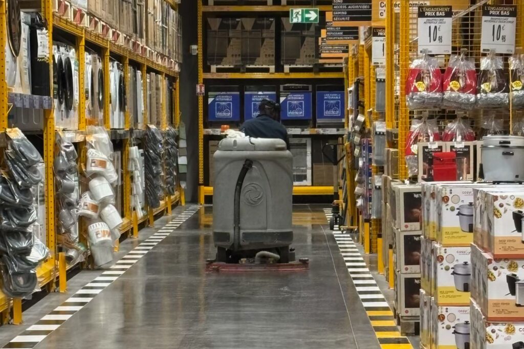 Agent de nettoyage industriel avec autolaveuse en entrepôt logistique