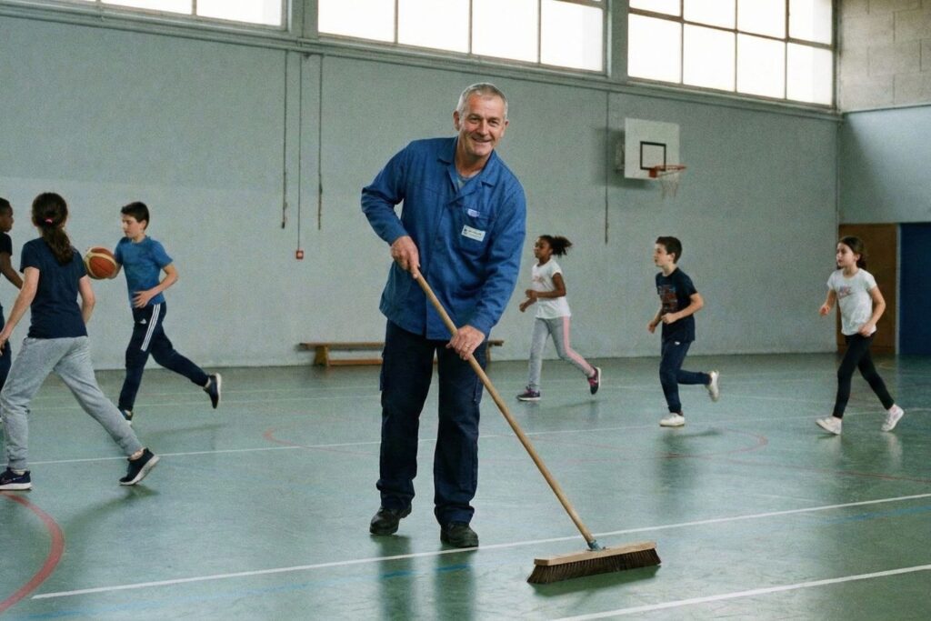 Agent SPN NET balayant le sol d'un gymnase ou salle de sport